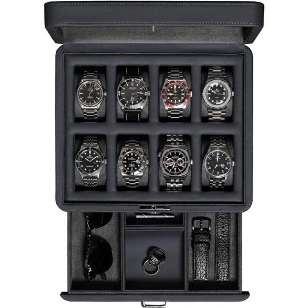 8 Slot Leather Watch Box with Valet Drawer-Luxury Case Display Jewelry Organizer